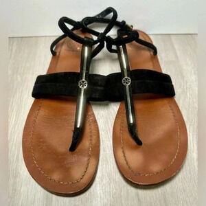 Tory Burch Cassia Women Sandals T Logo Flat Thong Ankle Strap Buckle Black 7.5‎